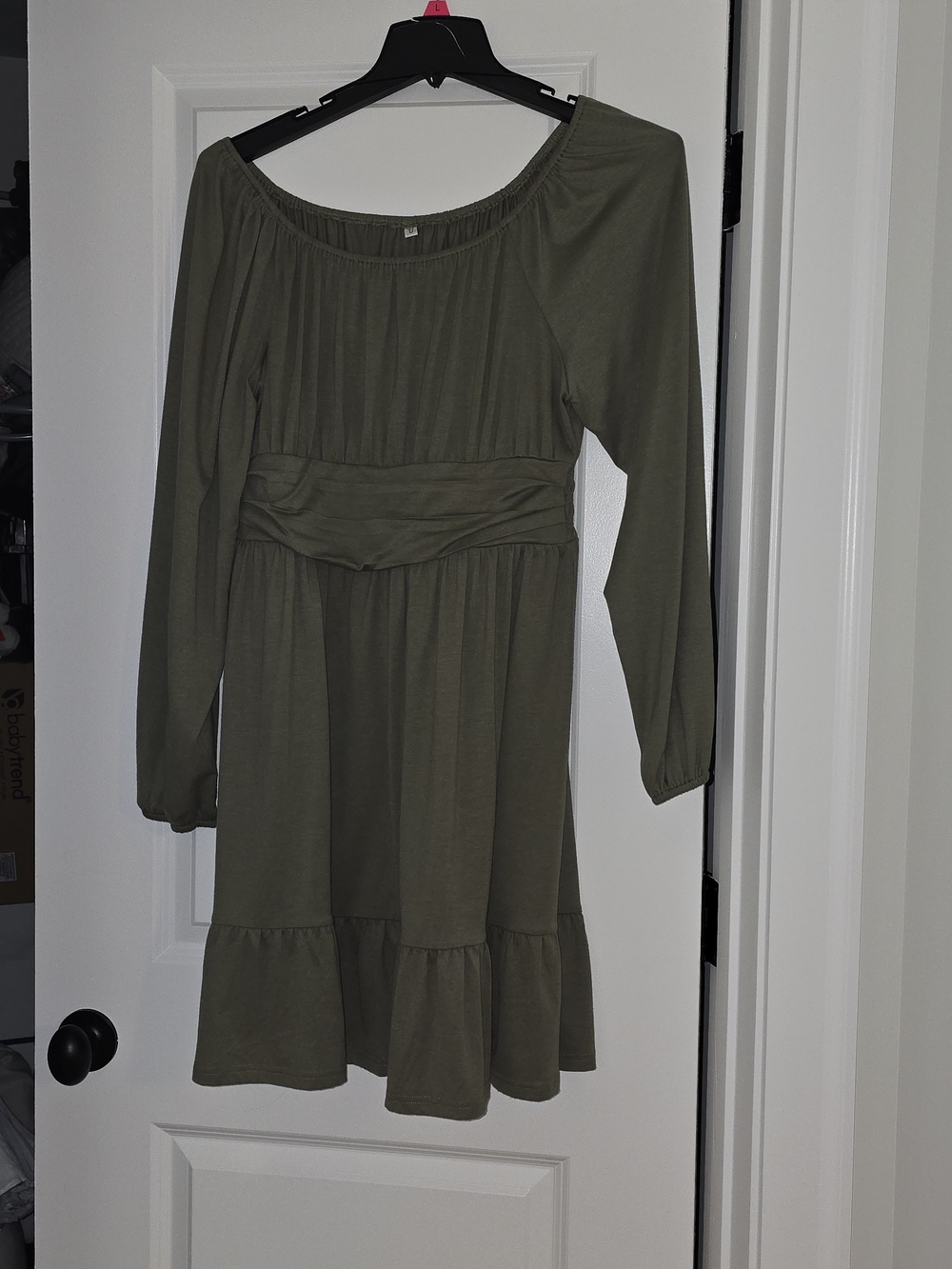 ANRABESS Olive Green Lantern Sleeve Square Neck Elastic Waist Flowy A-Line Dress